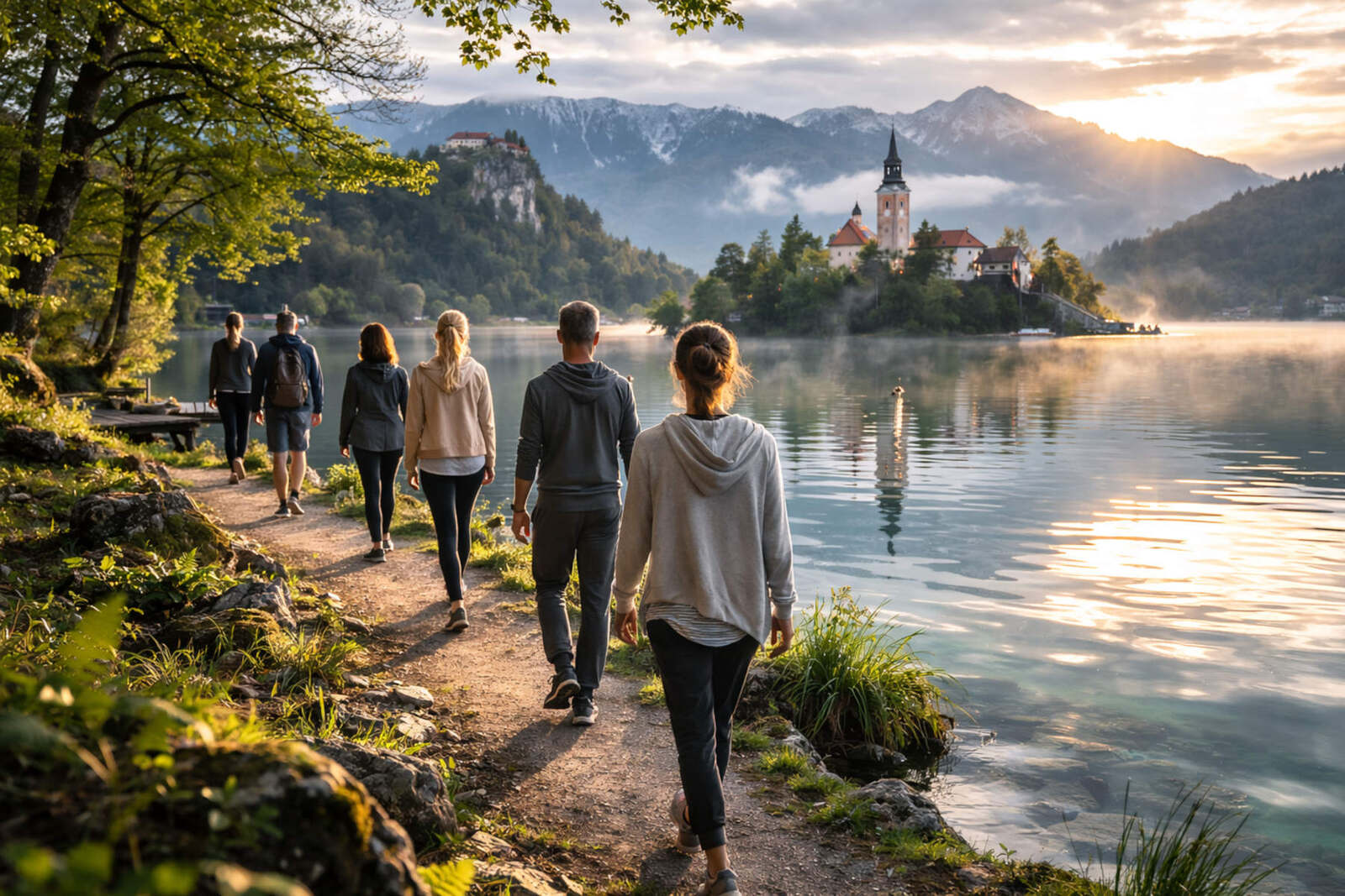 A small group on a morning walk along the shore of Lake Bled, the island church behind them